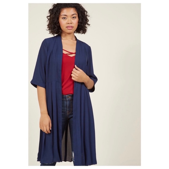 ModCloth Fervor Chiffon pleated duster jacket navy blue side slits kimono 4X - Picture 3 of 11